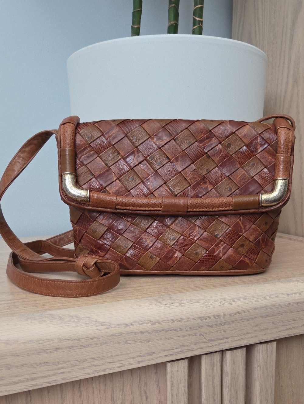 Vintage Sharif Brown Croc & Ostrich Embossed Woven 100% Leather Crossbody Bag